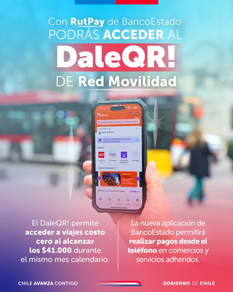 MTTChile's tweet image. Con la nueva aplicación RutPay de @BancoEstado las personas podrán pagar con QR sus viajes en @Red_Movilidad y acceder a los beneficios del DaleQR. Recuerda que si alcanzas el Monto Máximo Mensual de $41.000, puedes viajar costo cero el resto del mes calendario.
