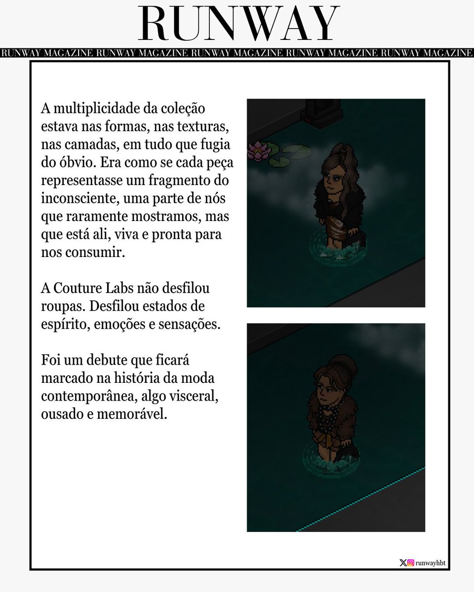 A <a href="/CoutureLabs/">Couture Labs</a> faz sua estreia no mundo da moda dentro do <a href="/MeuHabblet/">Habblet</a> com uma coleção um tanto quanto... única. Confira agora um pouco deste evento que, com certeza, ficará na nossa memória por um bom tempo!

#runway #magazine #moda #habblet