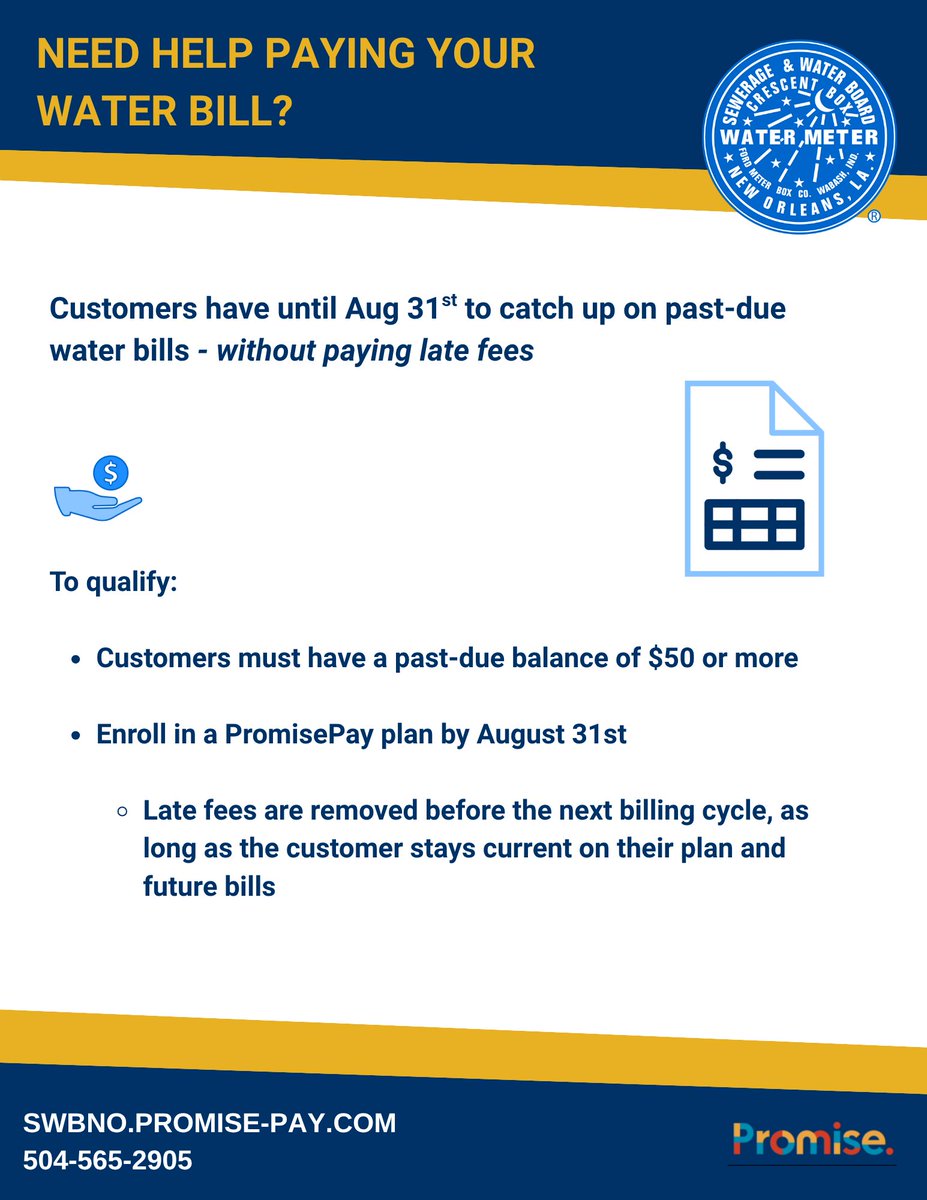 SWBNewOrleans's tweet image. Customers have until Aug 31st to catch up on past-due water bills-without paying late fees!
Through Aug 31st, SWBNO is waiving all late fees for customers who set up a payment plan.
swbno.org/PressReleases/…
