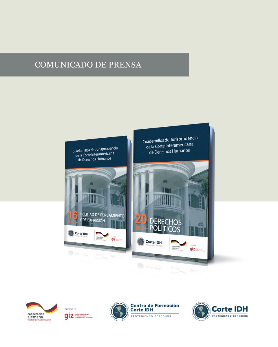 CorteIDH's tweet image. 📘 La Corte Interamericana de Derechos Humanos anuncia la publicación actualizada a mayo de 2025 de los siguientes Cuadernillos de Jurisprudencia:
🔹 No. 16: Libertad de pensamiento y de expresión
🔹 No. 20: Derechos políticos
Estas publicaciones fueron elaboradas gracias al…