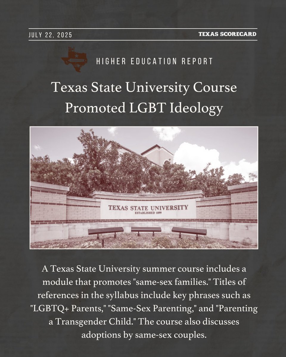 TexasScorecard's tweet image. Texas State University's School of Family and Consumer Sciences Is Promoting LGBT Ideology.
Read the Full Report: l8r.it/OStq