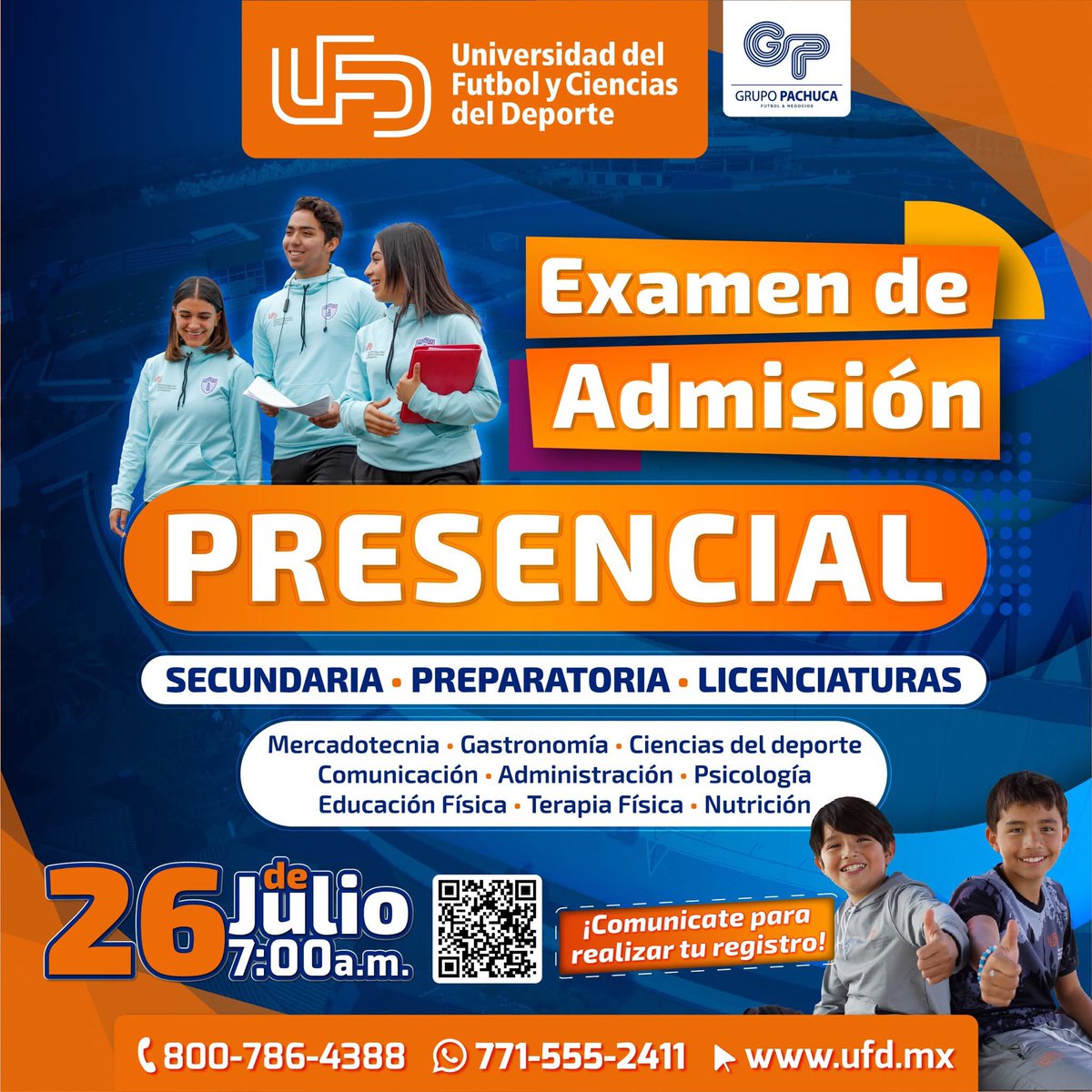 🎓 ¡Tu futuro comienza aquí!

Te esperamos en nuestras instalaciones para presentar el examen de admisión, asegura tu lugar en nuestra comunidad educativa.

📍 Modalidad: Presencial
📅 Fecha: 26 de julio 2025
🎯 Niveles: Secundaria | Preparatoria | Licenciatura

#OrgulloUFD 🧡