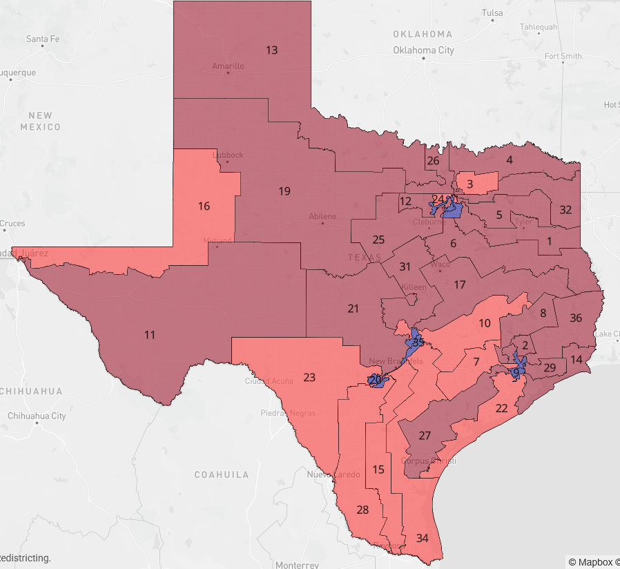 HugeGuilfordCo's tweet image. The UT Austin young republicans' map is probably the most plausible map that got submitted so far.
Compared to the current map (right). Both use 2024 President Data.