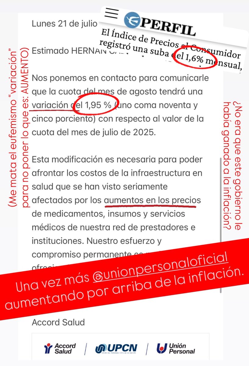 CabreraColor's tweet image. Una vez más, como todos los meses, @UnionPersonal aumentando por arriba de la inflación. A eso sumarle pagar conseguros y demás. Un desastre.
@SSSALUD @UPCNok @AccordSalud