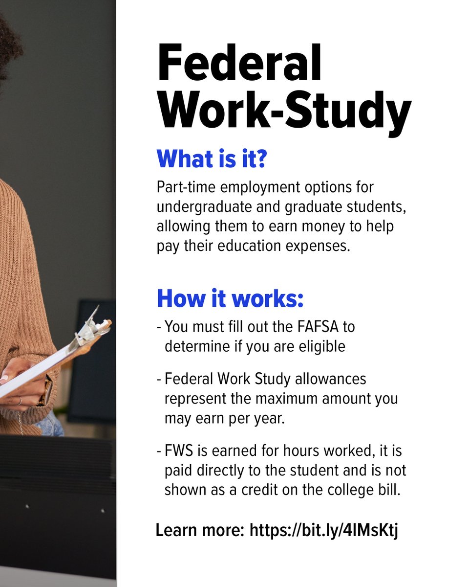 NYSStudentAid's tweet image. Interested in working on campus while you earn money toward your degree? That’s where Federal Work-Study comes in!
The Federal Work-Study Program provides part-time employment options for undergraduate and graduate students.
Learn more here: bit.ly/4kNEbQz