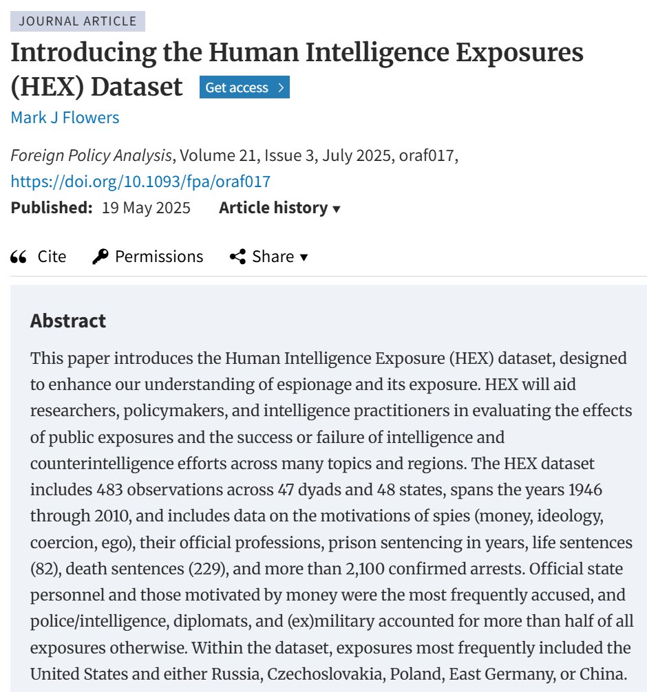 FPA_Jrnl's tweet image. Flowers (2025) introduces the HEX dataset to analyze global espionage exposures, revealing that most accused spies were state personnel motivated by money across 483 cases from 1946 to 2010.
academic.oup.com/fpa/article-ab…