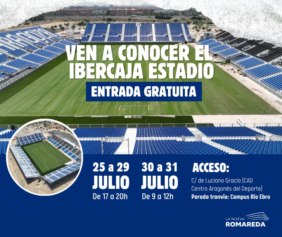 AyuntamientoZaragoza (@zaragoza_es) on Twitter photo ¿Quieres conocer el Ibercaja Estadio?, el campo donde el <a href="/RealZaragoza/">Real Zaragoza</a> jugará los dos próximos años... ¡ya puedes!
Entrada gratuita los días:
25, 26, 27, 28 y 29 de julio
de 17 a 20h
30 y 31 de julio
de 9 a 12h
ℹ️No requiere inscripción ni reserva previas.
Acceso por:
C/ de ¿Quieres conocer el Ibercaja Estadio?, el campo donde el <a href="/RealZaragoza/">Real Zaragoza</a> jugará los dos próximos años... ¡ya puedes!
Entrada gratuita los días:
25, 26, 27, 28 y 29 de julio
de 17 a 20h
30 y 31 de julio
de 9 a 12h
ℹ️No requiere inscripción ni reserva previas.
Acceso por:
C/ de