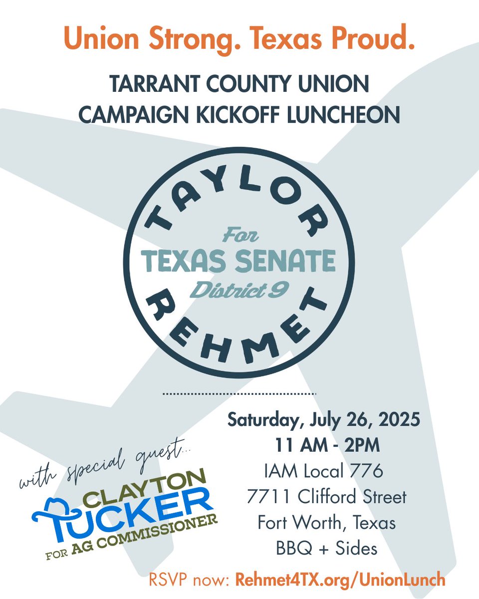 TaylorRehmetTX's tweet image. JUST ADDED: @ClaytonTuckerTX is joining us as a special guest this Saturday at our Union Lunch Kick Off!
Come hungry for bold ideas, BBQ, and a campaign built by working people.
All are welcome!
FREE to attend. RSVP now: Rehmet4TX.org/UnionLunch