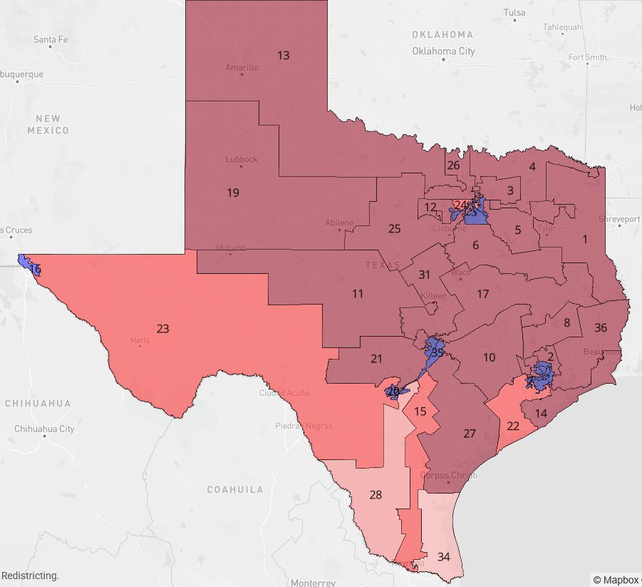 HugeGuilfordCo's tweet image. The UT Austin young republicans' map is probably the most plausible map that got submitted so far.
Compared to the current map (right). Both use 2024 President Data.