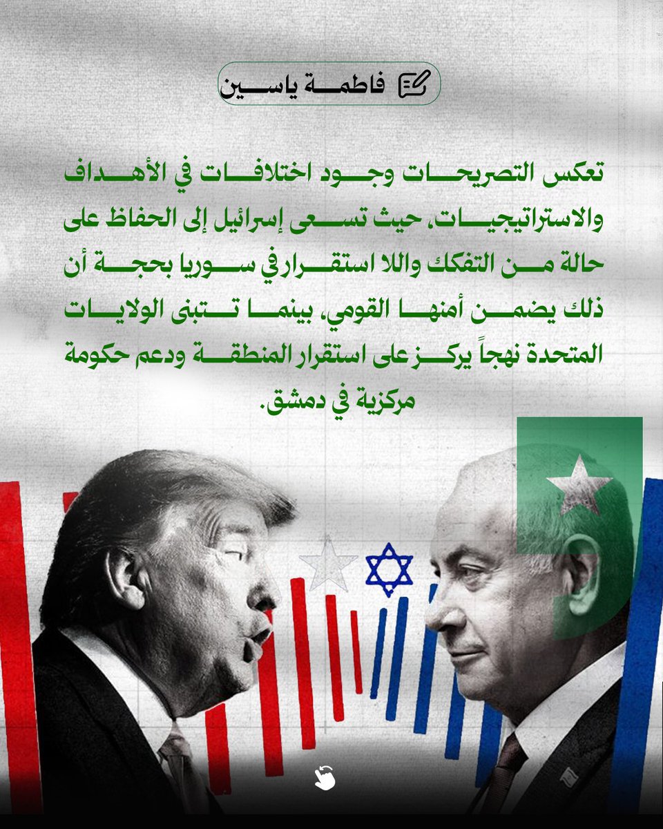 sotoursyria's tweet image. بينما تدعم أمريكا حكومة مركزية موحدة بقيادة أحمد الشرع وتسعى لاستقرار سوريا، تسعى إسرائيل لإبقاء البلاد في حالة تفكك خشية من النفوذ التركي والإسلامي. الغارات الأخيرة على دمشق كشفت حجم التباين بين الحليفين، وسط محاولات إسرائيلية لإرباك الداخل السوري وإضعاف أي مشروع وطني جامع.…