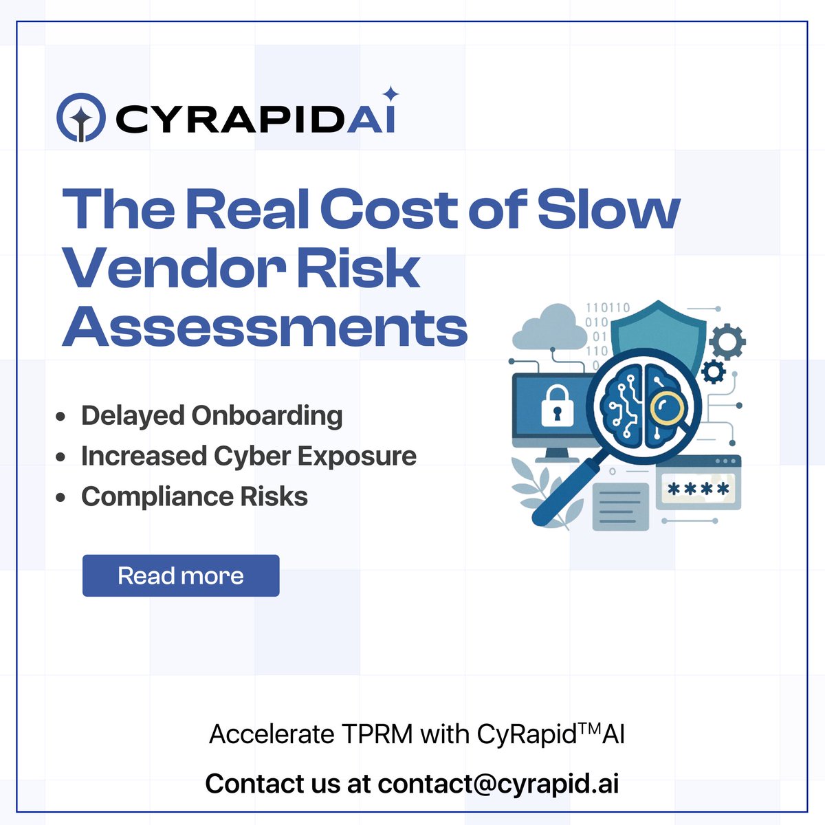 CYRAPID_GenAI's tweet image. Slow vendor risk assessments delay vendor onboarding and increase cyber exposure.

CYRAPID AI helps you:
✅ Accelerate TPRM
✅ Reduce risk
✅ Strengthen resilience

🔗 Read more: cyrapid.ai/blogs/the_real…

#TPRM #CyberRisk #VendorRisk #AI #CISO #CYRAPIDAI