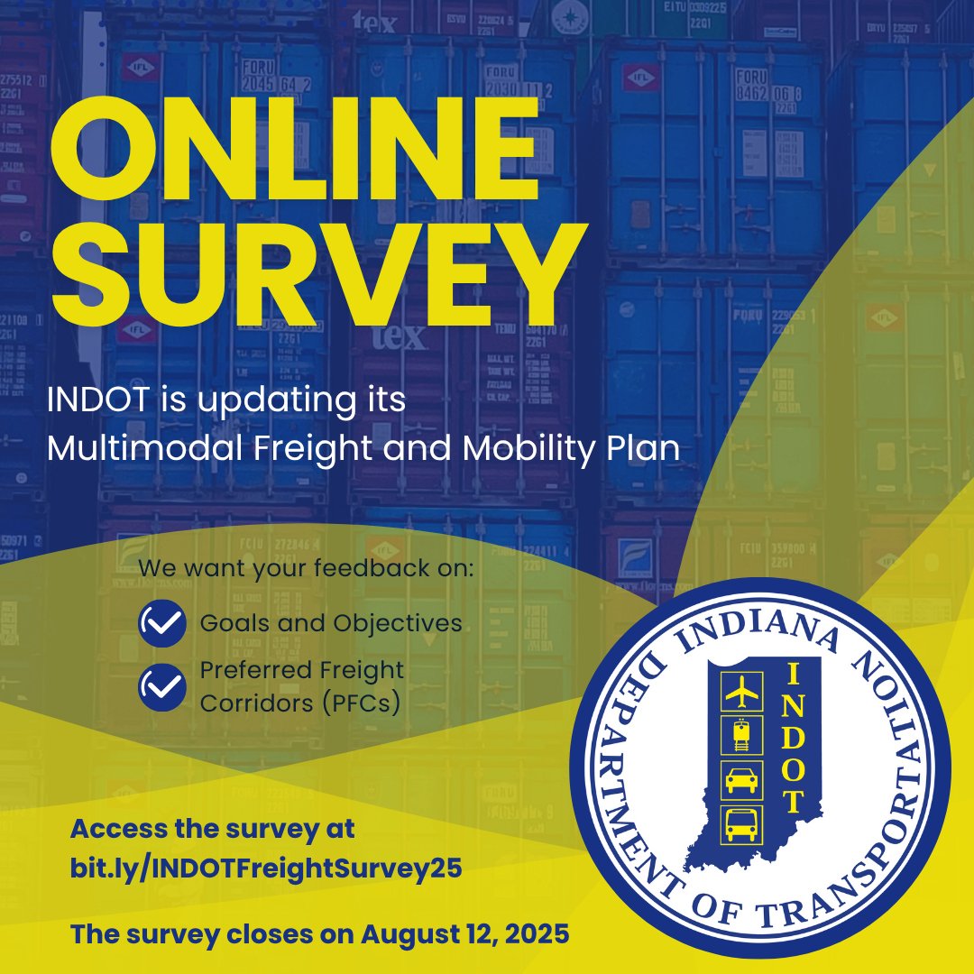 INDOTEast's tweet image. INDOT is updating its Multimodal Freight and Mobility Plan. Take the survey through August 12 to share feedback on plan goals and objectives and Preferred Freight Corridors (PFCs). Access the survey at bit.ly/INDOTFreightSu….