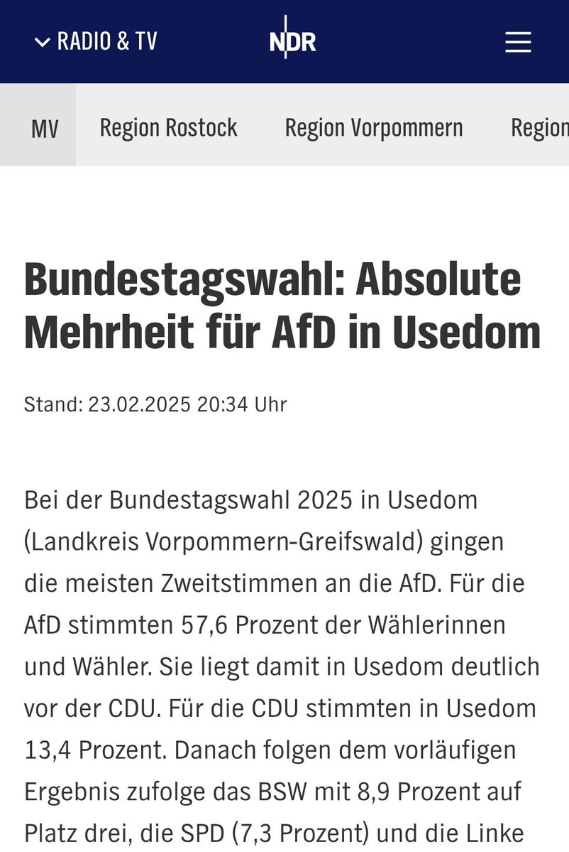 ChristophBeisl1's tweet image. Witzig:
Usedomer wählen mehrheitlich AfD und Union und haben jetzt Angst vor den Ölbohrungen vor ihrer Insel.
Wie kann man nur so schräg und inkonsequent denken und wählen?
n-tv.de/wirtschaft/Use…