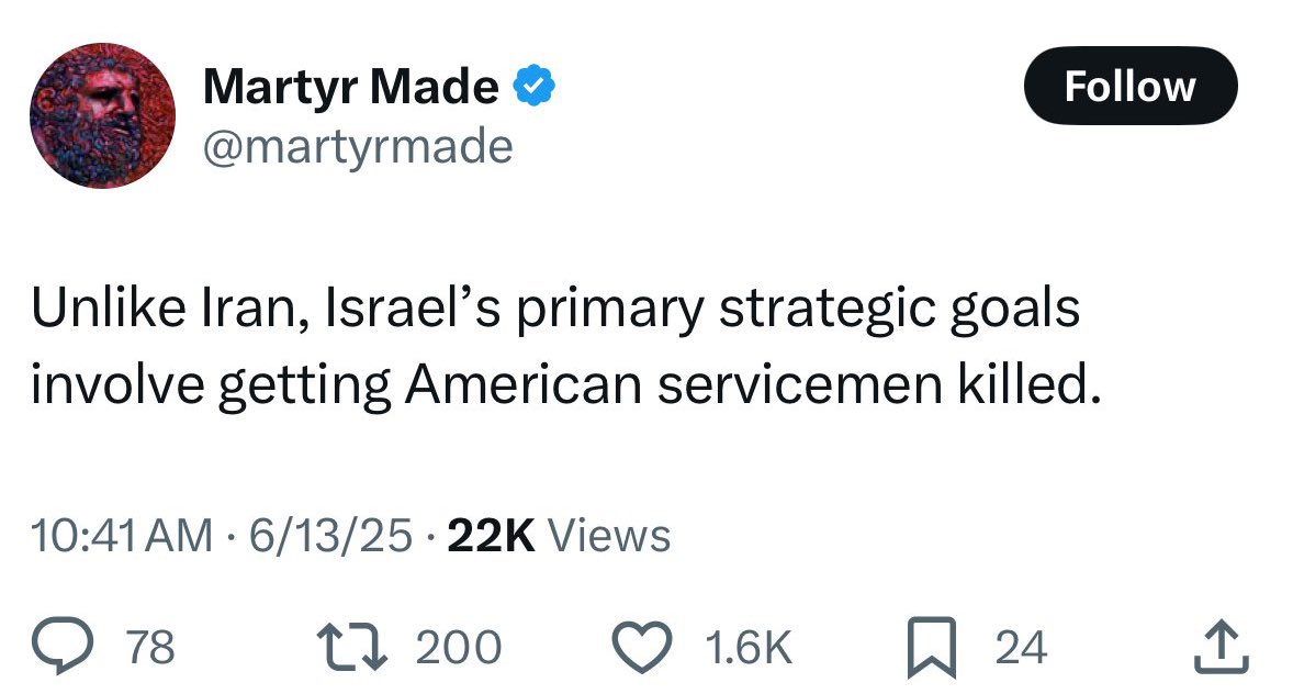 MsMelChen's tweet image. If you don’t want to instantly be discredited as an obvious hack, wouldn’t you at the very least qualify or temper your claims?
Like instead of saying Israel’s *primary* strategic goal is to get Americans killed, maybe that’s like 9th down the list of goals? Surely…