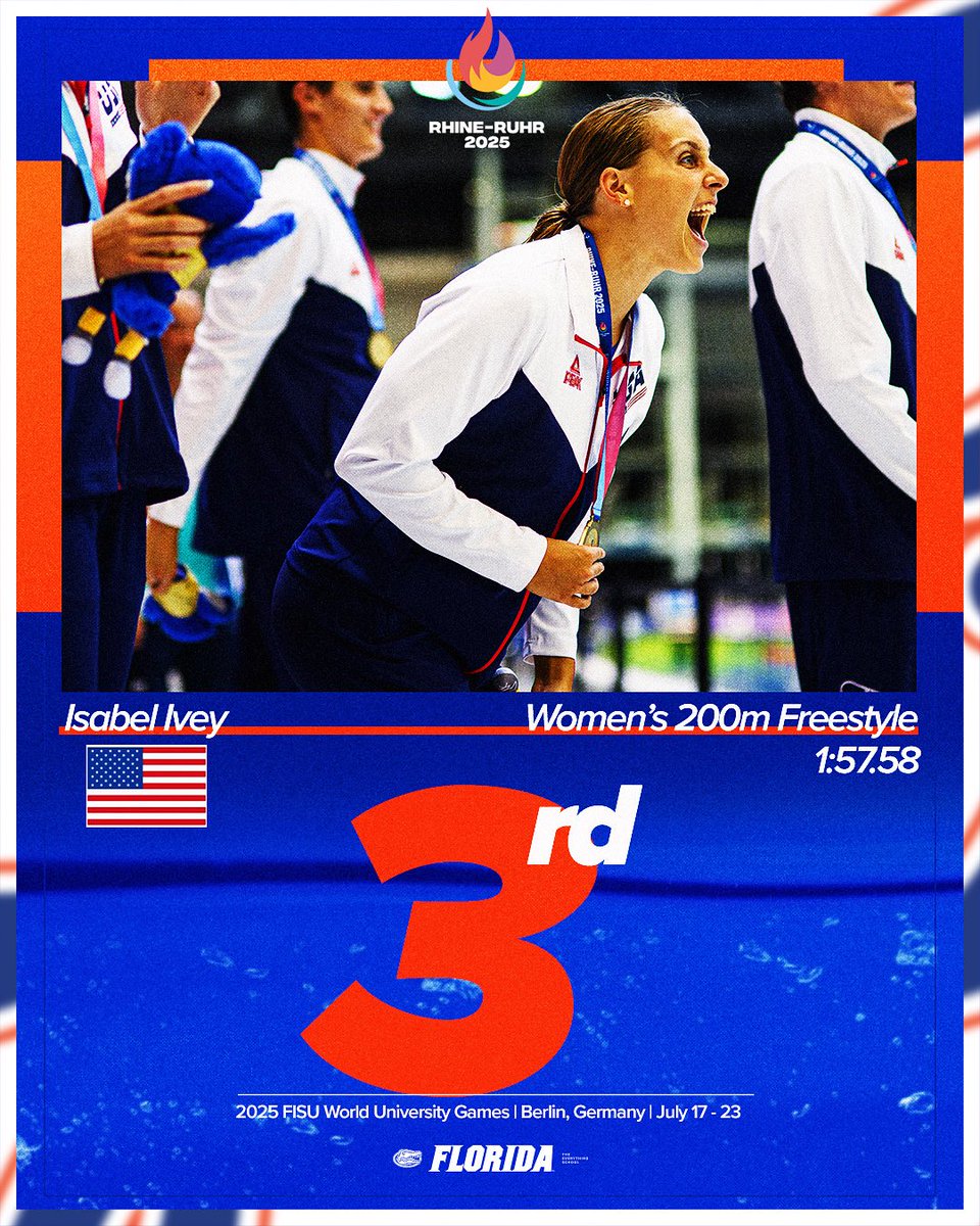 First individual #RhineRuhr2025 medal for Ivey 🥉

Isabel Ivey adds bronze to her four relay golds! 

#GoGators