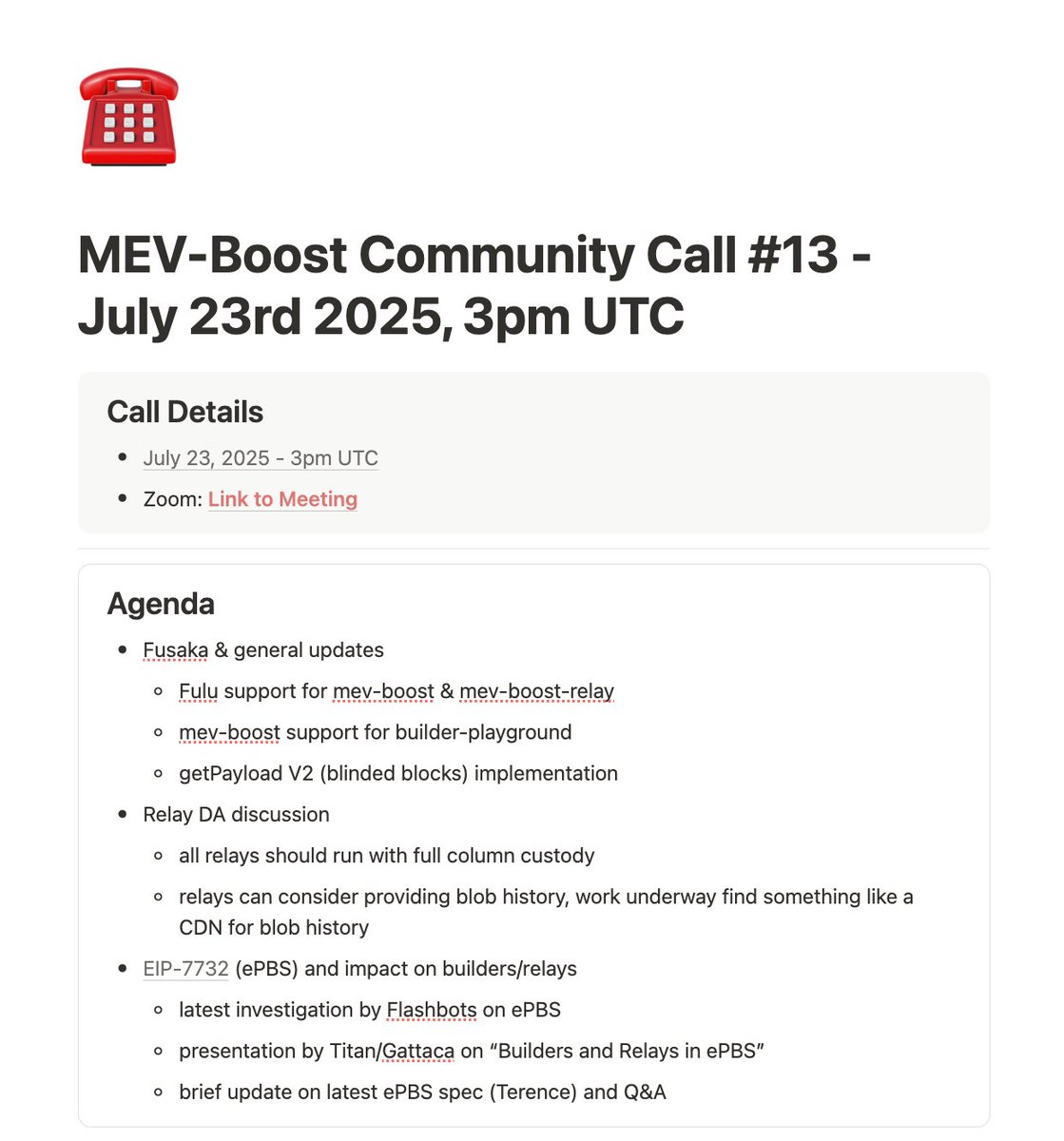 PBS_Foundation's tweet image. mev-boost community call #13 tomorrow 3pm UTC!

- updates on Fusaka changes (getPayload V2, etc)
- discussion on relay DA possibilities
- ePBS (EIP-7732) and impact on builders/relays

pbsfoundation.notion.site/MEV-Boost-Comm…

hosted w/ @ralexstokes &amp;amp; mev-boost core contributors! 💫