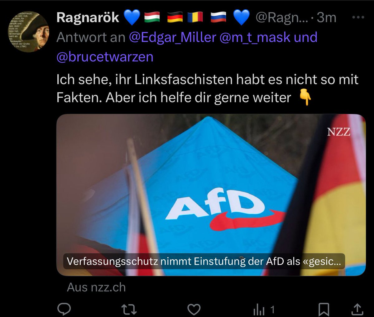 m_t_mask's tweet image. Ich poste, dass der Verfassungsschutz die Beschwerden der AfD gegen die Einstufung als gesichert rechtsextrem abgewiesen hat.
Unten seht ihr eine Reaktion darauf.
Das Argument „brainwashed“ sollte kein AfD-Wähler je wieder in den Mund nehmen dürfen.