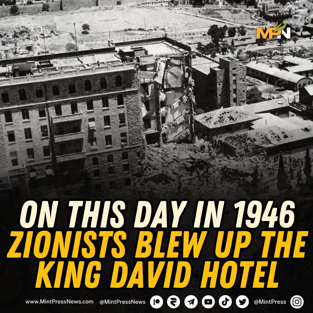 MintPressNews's tweet image. In 1946 Zionist terrorists killed 91 people in the bombing of the King David Hotel in Jerusalem.
These terrorists would later go on to form the Israeli army in 1948. The bombing killed Brits, Palestinians, and a number of other nationalities. The Zionist terrorism campaign…