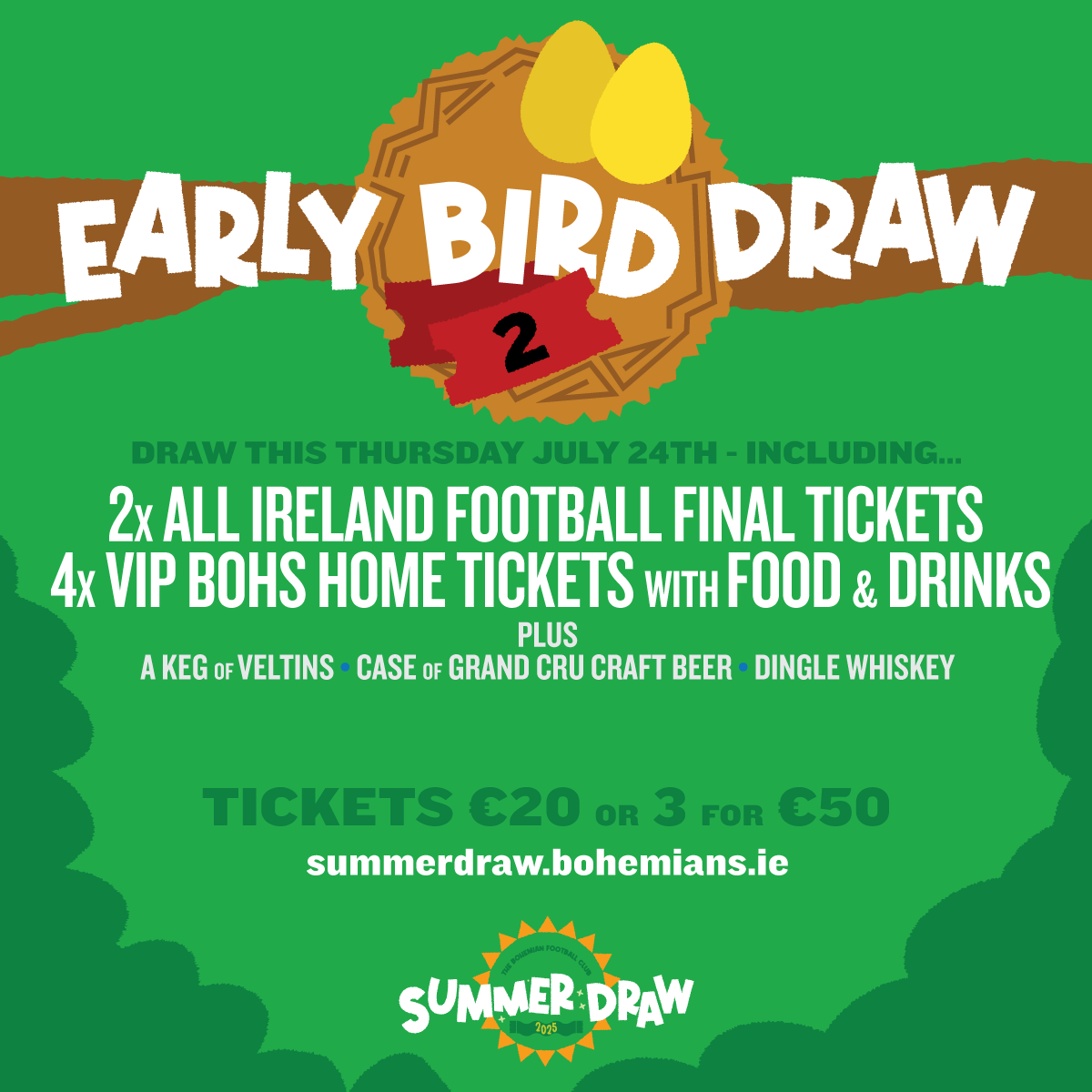 bfcdublin's tweet image. 🎫 We have two golden tickets for this Sunday's All-Ireland Football final between Kerry and Donegal up for grabs!
🐦 To be included in our Early Bird Draw, enter before 10pm Thursday at summerdraw.bohemians.ie
☀️ Bonus Summer Draw prizes of VIP Bohs matchday package; a keg of…