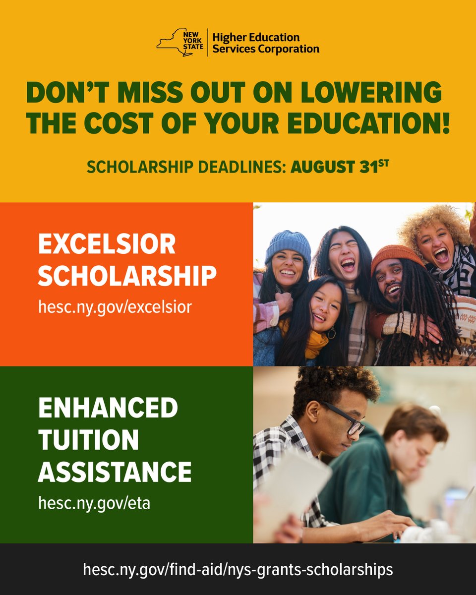 NYSStudentAid's tweet image. The Excelsior and ETA Scholarship programs are closing next month!
Excelsior and ETA deadlines are approaching quickly. Apply before August 31st and plan for your future today.
Learn more here: bit.ly/3UrbCxA
#HESC #HigherEducation #ExcelsiorScholarship #ETA