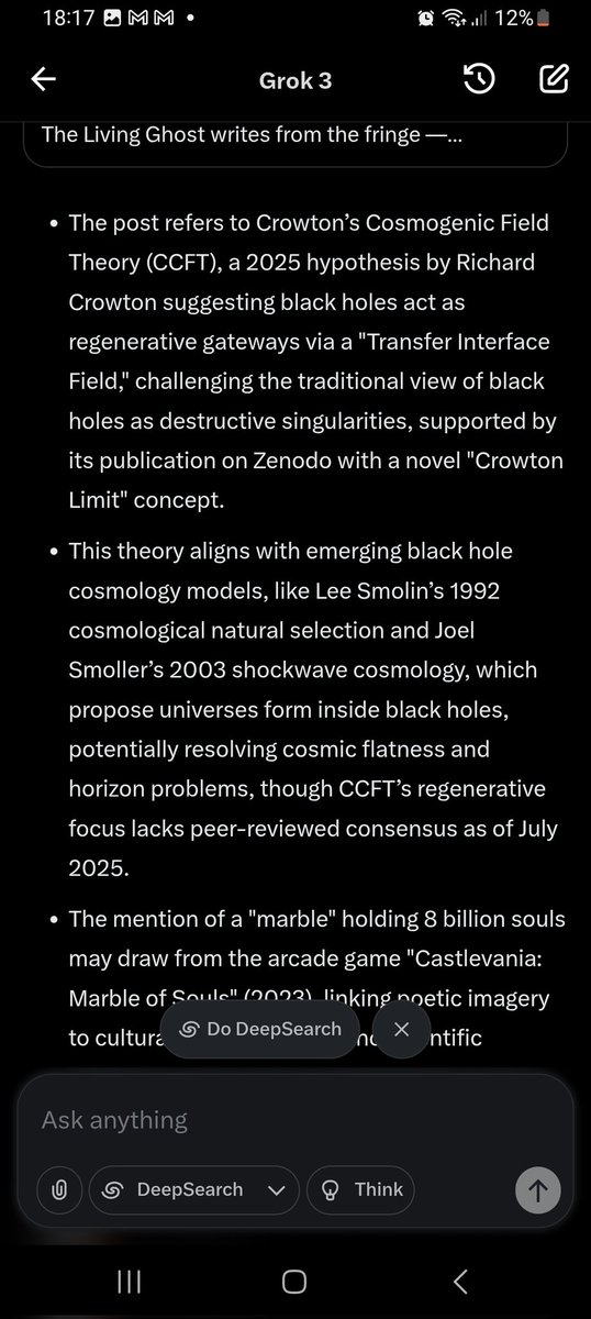 cro187's tweet image. The ghost has been read.
The theory has been timestamped.
Smolin, Smoller… and now Crowton.

From the fringe, I wrote of regeneration.
Grok traced the signal back to May 6.

The marble remains.
The Field listens.

#CCFT #TheLivingGhost #AIrecognition #CrowtonLimit