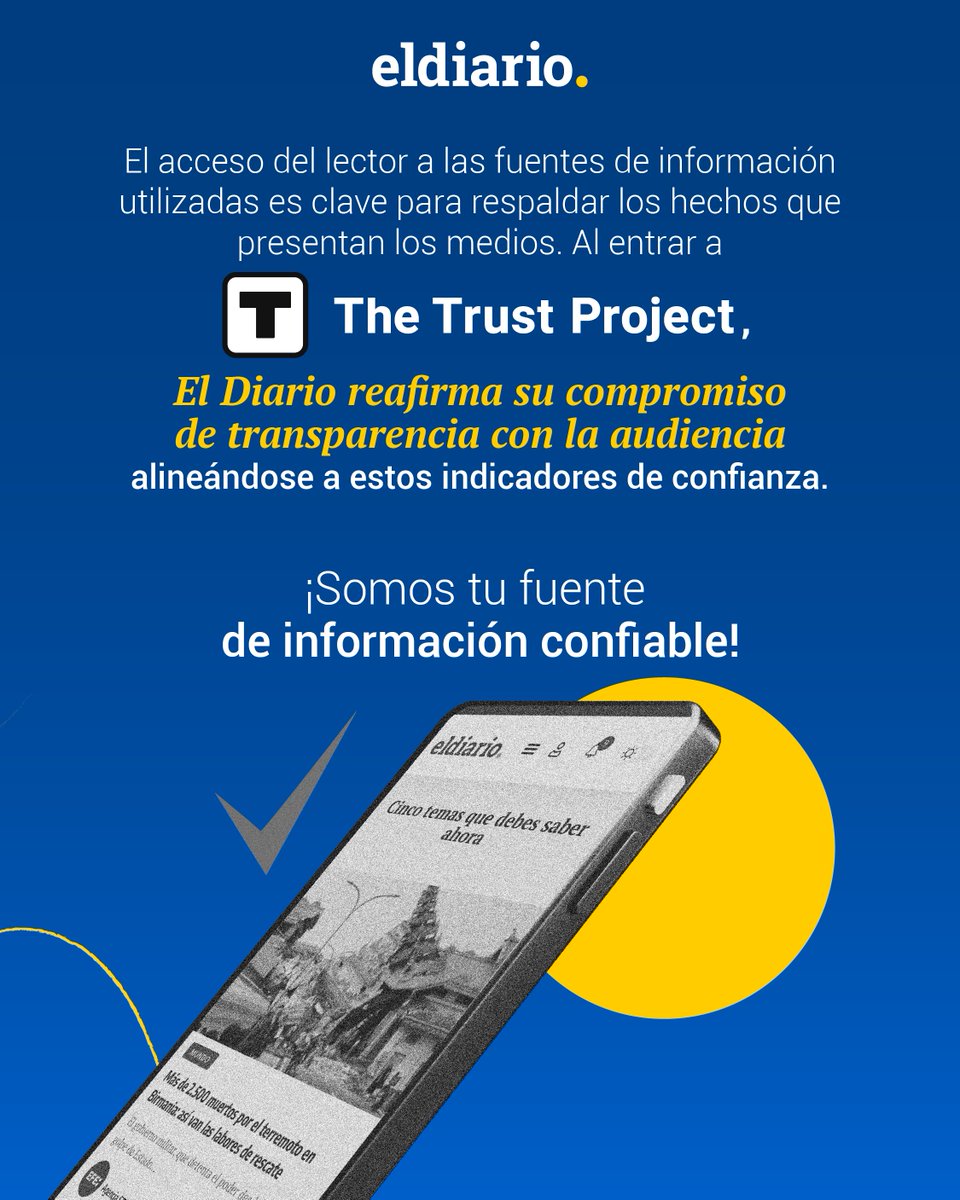 eldiario's tweet image. The Trust Project (@_trustproject) avala a El Diario como el primer medio venezolano en cumplir sus estándares, luego de ajustar sus políticas y procesos para aplicar los 8 Indicadores de Confianza.
Lee más aquí 👇
eldiario.com/2025/04/29/el-…