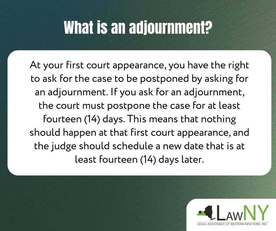 LawNY's tweet image. Our housing advocates have been working hard to share important information with tenants. This series focuses on your right to a 14 day adjournment, and why you should utilize this right as needed! 

#FreeHelp
#nonprofitorganization
#housing
#eviction
#CivilLegalAid