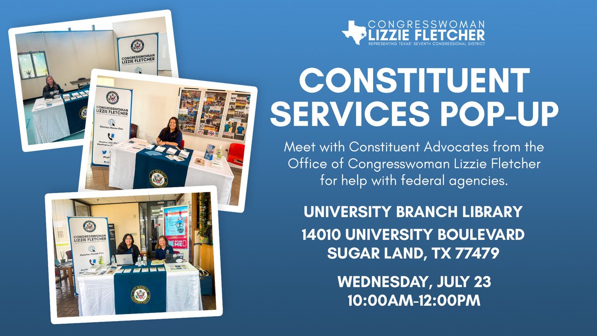 RepFletcher's tweet image. This Wednesday, #TeamTX07's constituent advocates will be in Sugar Land at the University Branch Library to help answer questions regarding federal agencies, like Social Security and the IRS. Stop by anytime between 10am and noon!