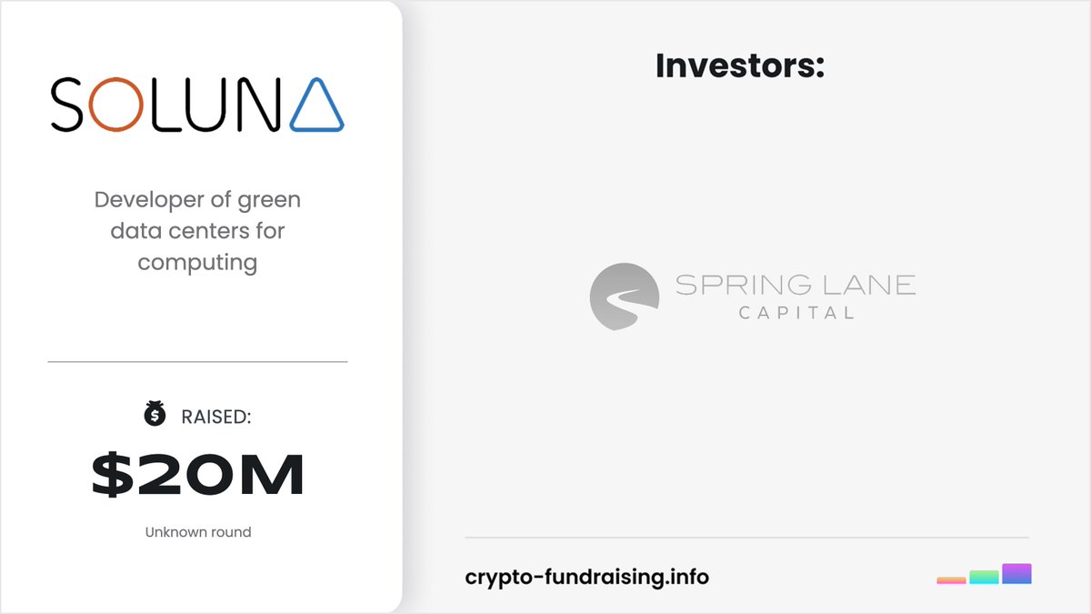 Crypto_Dealflow's tweet image. Developer of green data centers for computing @SolunaHoldings raised $20M in a funding round from @springlanecap.
crypto-fundraising.info/projects/solun…