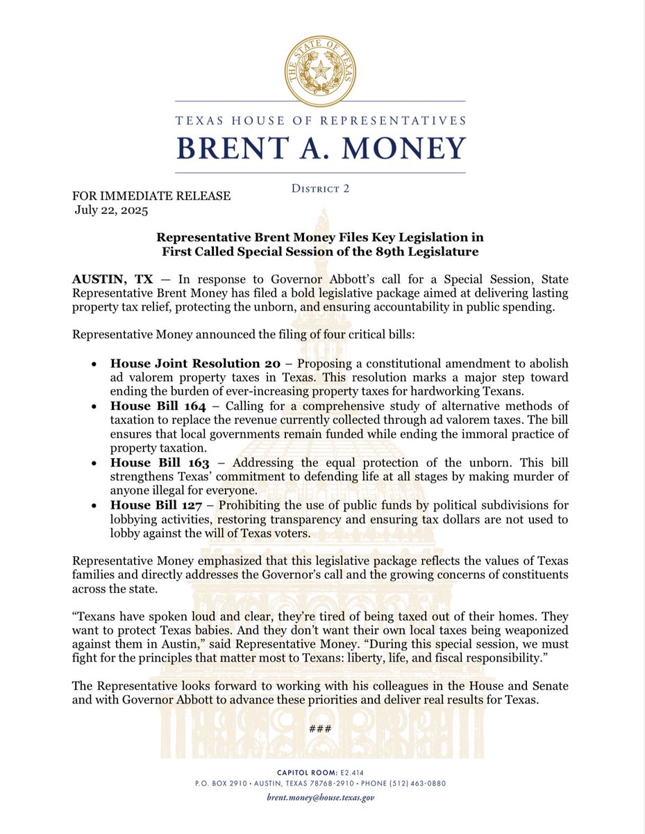 BrentMoneyTX's tweet image. During this special session, the Texas Legislature has a responsibility to pass bold legislation. That’s why I’ve filed four bills that reflect the values of Texas families. We must act decisively to eliminate property taxes, protect the unborn, and ensure accountability in how…