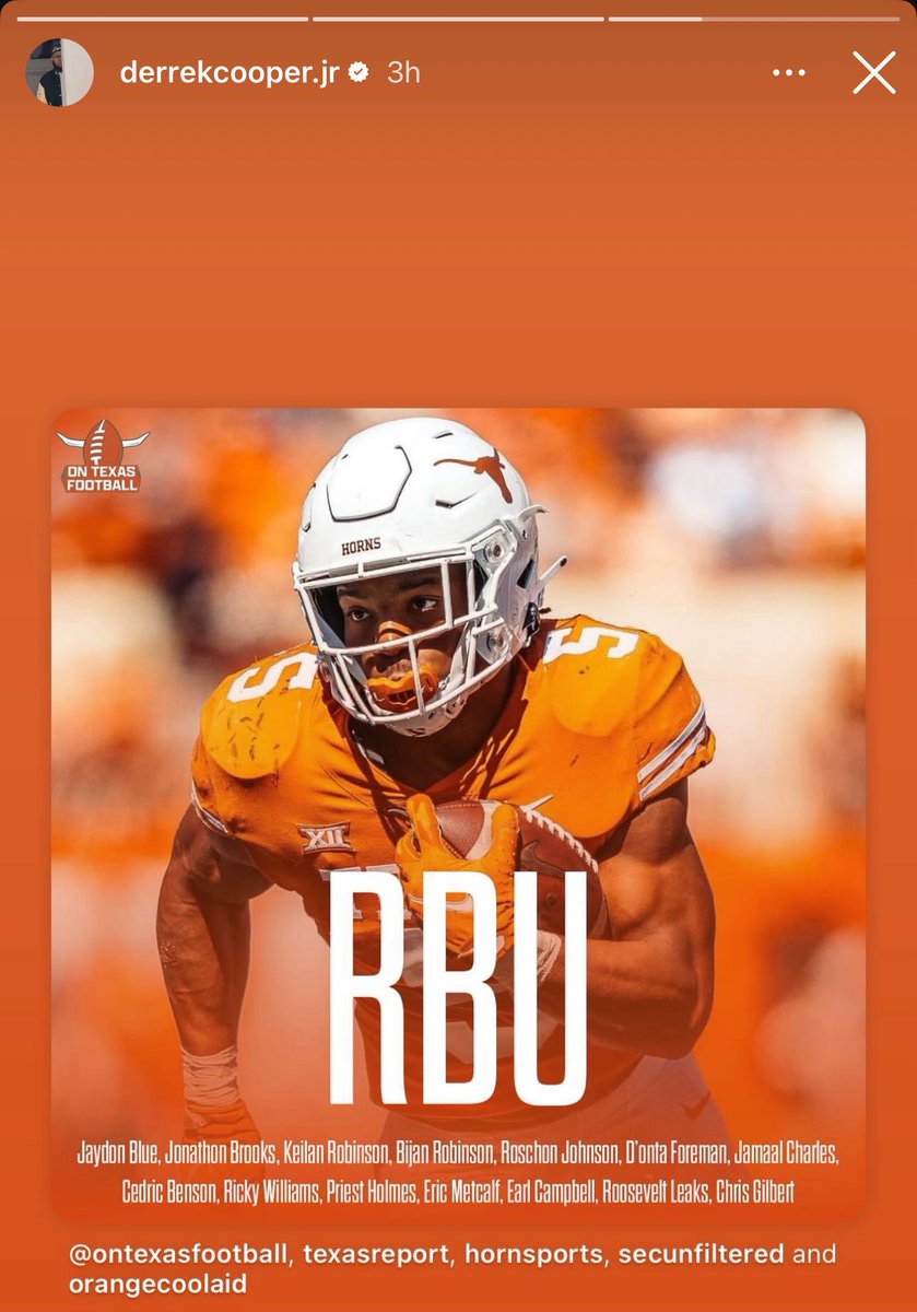 ontexasfootball's tweet image. 5⭐️ RB and Texas commit Derrek Cooper reposts a Texas RBU graphic 👀