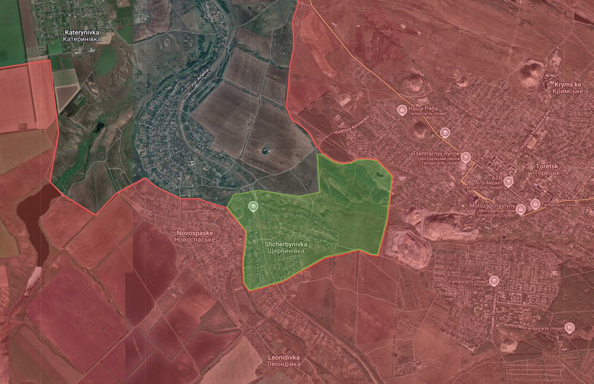 Kalibrated_Maps's tweet image. Russian forces have captured the southern half of Shcherbynivka which officially ends the battle of Toretsk.