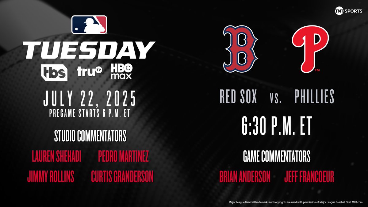 TNTSportsUS's tweet image. Tonight on ⚾️#MLBTuesday⚾️ across TBS, truTV & @SportsonMax , Ceddanne Rafaela & @RedSox take on Kyle Schwarber & @Phillies!
6 pm ET / Pre-Game Coverage
🎙️@LaurenShehadi, @45PedroMartinez, @JimmyRollins11, @cgrand3
6:30 pm ET / Game Coverage
🎙️ @BAndersonPxP, @JeffFrancoeur