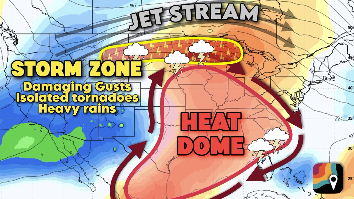 MyRadarWX's tweet image. RING OF FIRE pattern is building in across the central/eastern United States. (Yes, that's a real term.) Here's what that means.
We call it a "ring of fire" pattern because it's HOT! There's a heat dome – a ridge of hot high pressure and sinking air – bringing stifling heat and…