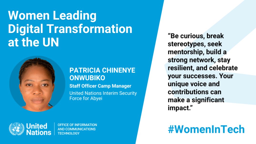 UN_OICT's tweet image. Meet Patricia Chinenye Onwubiko, Staff Officer Camp Manager at @UNISFA_1!

From designing smarter databases to enhancing digital infrastructure, Patricia is using tech to strengthen peacekeeping from the ground up.

Learn more about her: unite.un.org/WomenInTech-UN…
