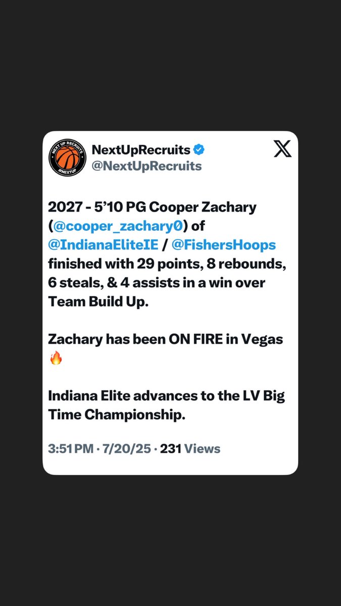 Dan K Zachary Jr (@zachary_dan) on Twitter photo <a href="/IndianaEliteIE/">Indiana Elite Basketball</a> 3SSB 16U Going 5-0 Winning the Top 17U Division of the <a href="/lvbigtime/">Las Vegas Big Time</a> Tournament in Las Vegas!!! <a href="/cooper_zachary0/">Cooper Zachary</a>
26 made 3’s
21ppg, 7apg, 7rpg, 4spg, 3 charges drawn…😳😳😳👀👀 <a href="/IndianaEliteIE/">Indiana Elite Basketball</a> 3SSB 16U Going 5-0 Winning the Top 17U Division of the <a href="/lvbigtime/">Las Vegas Big Time</a> Tournament in Las Vegas!!! <a href="/cooper_zachary0/">Cooper Zachary</a>
26 made 3’s
21ppg, 7apg, 7rpg, 4spg, 3 charges drawn…😳😳😳👀👀