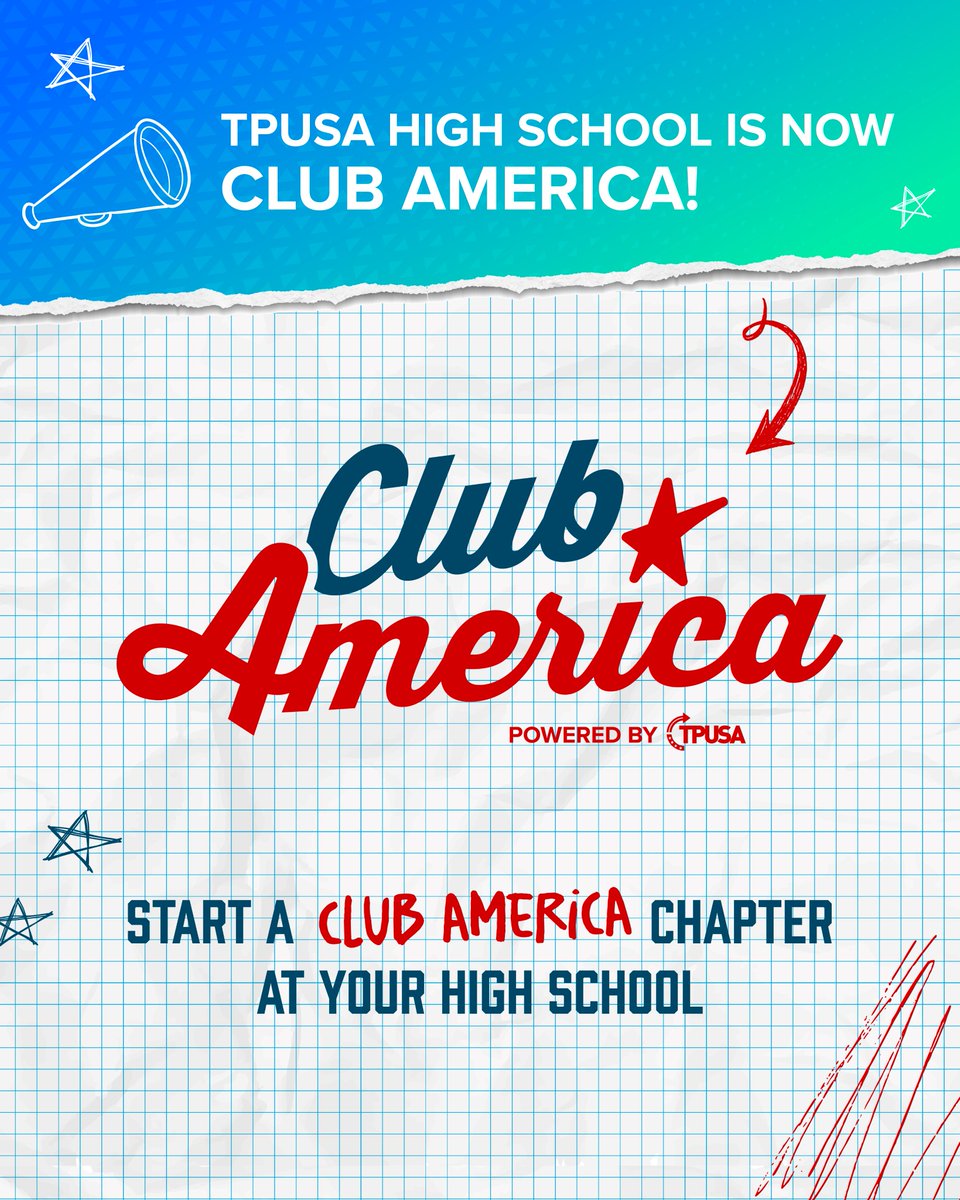 TPUSA's tweet image. Promote free thinking, engage in grassroots activism, and bring your beliefs to life—both on and off campus—with CLUB AMERICA‼️🇺🇸 @tpusastudents
Start a Club America chapter at your high school: clubamerica.com
