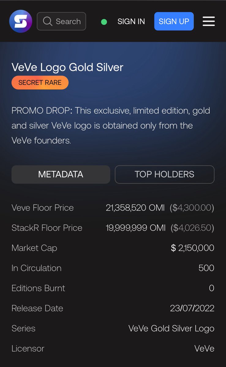 ecomi_'s tweet image. Using the metadata tab on the @StackRworld marketplace, users can compare floor prices of their favorite collectibles in $OMI against the #VeVe gem market.
Every purchase on StackR burns OMI and reduces the circulating supply ⭕️
Find your deal today ⬇️
stackr.world