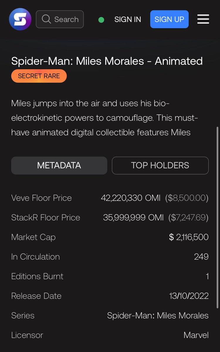 ecomi_'s tweet image. Using the metadata tab on the @StackRworld marketplace, users can compare floor prices of their favorite collectibles in $OMI against the #VeVe gem market.
Every purchase on StackR burns OMI and reduces the circulating supply ⭕️
Find your deal today ⬇️
stackr.world