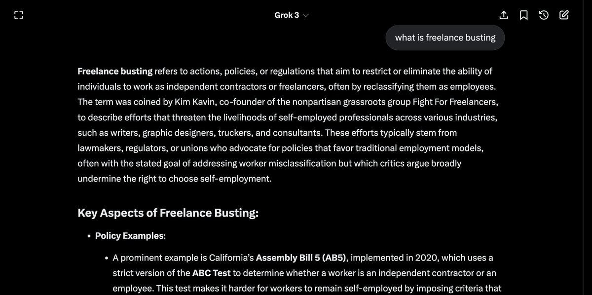 thekimkavin's tweet image. At last week's @GOPHELP hearing in the U.S. Senate, one of the Senators asked me to explain the concept of "freelance busting."
Turns out AI now knows what it is too... on Grok, on Google, everywhere!