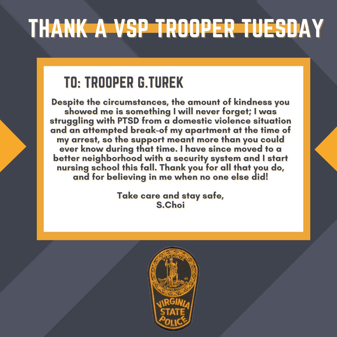 VSPPIO's tweet image. Join us for "Thank a Trooper Tuesday," where we will share your messages of gratitude.
If you want to show your appreciation, click the link below to send a message!
vsp.virginia.gov/thank-a-troope…
#ThankaVSPTrooper #VirginiaStatePolice
