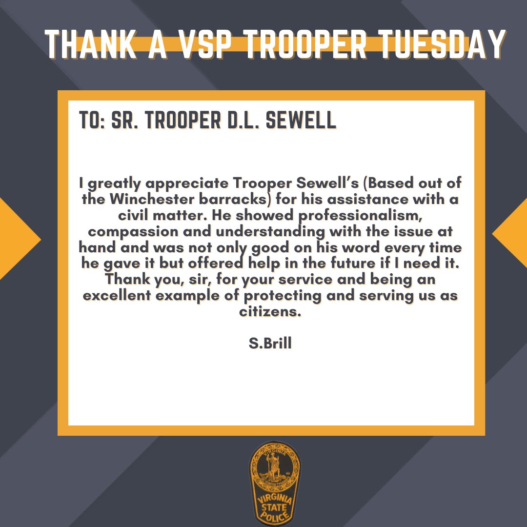 VSPPIO's tweet image. Join us for "Thank a Trooper Tuesday," where we will share your messages of gratitude.
If you want to show your appreciation, click the link below to send a message!
vsp.virginia.gov/thank-a-troope…
#ThankaVSPTrooper #VirginiaStatePolice