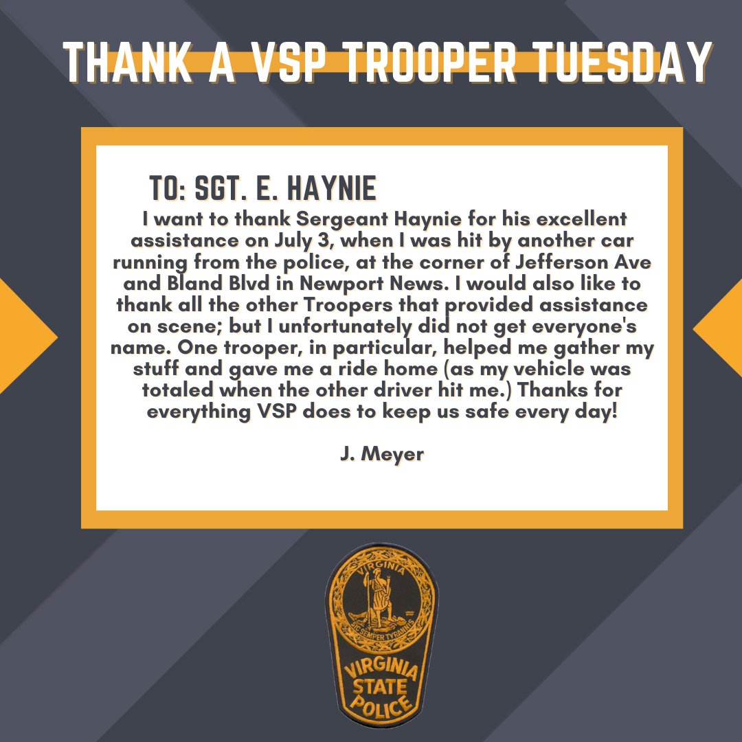 VSPPIO's tweet image. Join us for "Thank a Trooper Tuesday," where we will share your messages of gratitude.
If you want to show your appreciation, click the link below to send a message!
vsp.virginia.gov/thank-a-troope…
#ThankaVSPTrooper #VirginiaStatePolice