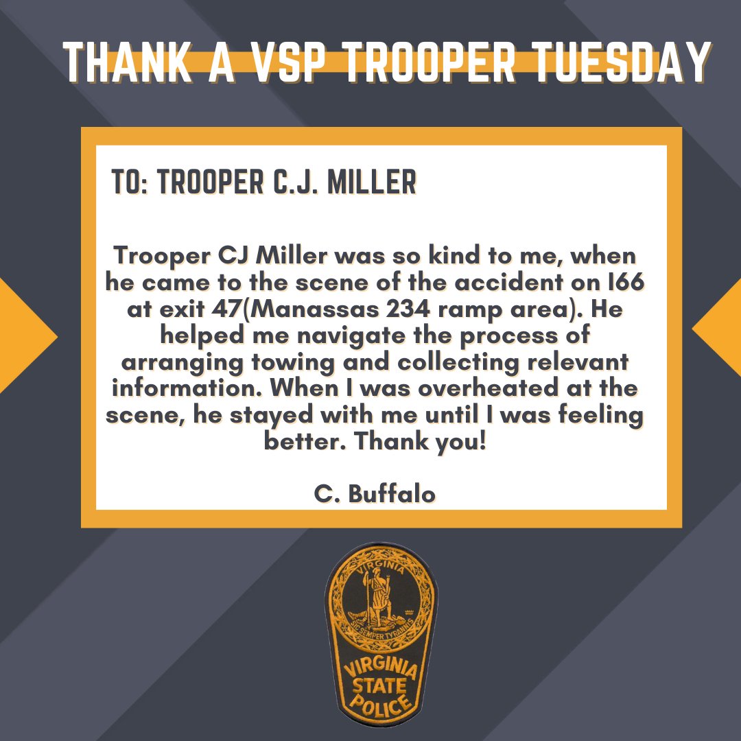 VSPPIO's tweet image. Join us for "Thank a Trooper Tuesday," where we will share your messages of gratitude.
If you want to show your appreciation, click the link below to send a message!
vsp.virginia.gov/thank-a-troope…
#ThankaVSPTrooper #VirginiaStatePolice