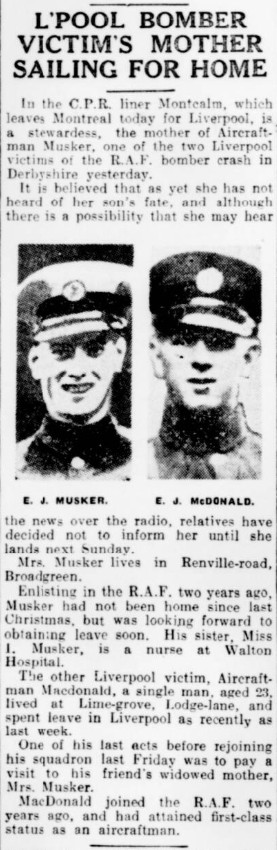 Liverpool1207's tweet image. #OTD - 1937: Two Liverpool men are amongst 5 killed when an RAF bomber crashes in the Peak District - Eric James McDonald and Ernest John Muskar