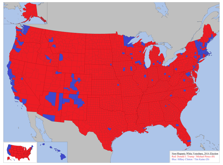 BrilliantMaps's tweet image. How Whites Voted In The 2016 US Presidential Election by State & County
Full article: brilliantmaps.com/white-vote-201…