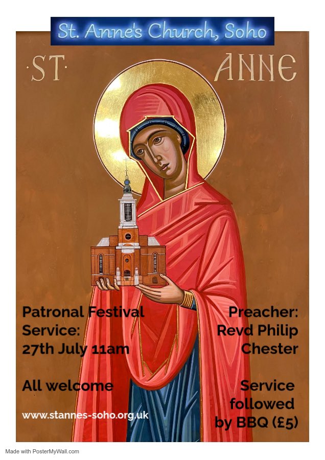 St Anne’s Patronal festival is this Sunday 27th 🙏
With a service at 11am followed by a BBQ (£5) All Welcome!🥳🙏
#Soho #SohoLondon
