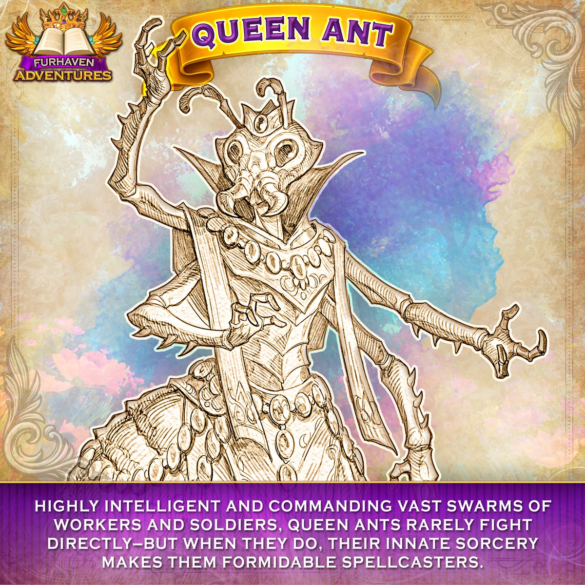FurhavenGames's tweet photo. 🐜 All hail… and then run. The Queen Ant commands from the shadows—but when she joins the fight, her sorcery stings.

Face her in Furhaven Adventures, launching Sept 16 on Backerkit! 👉 https://t.co/yduvfpGlwV

#FurhavenAdventures #FatesEnd #DND5e #TTRPG #DnD https://t.co/wo6VJONQNI