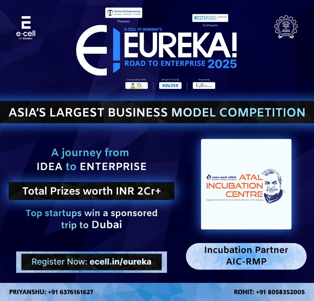 Big dreams start here! Thrilled to partner with The Entrepreneurship Cell, IIT Bombay for #Eureka2025—Asia’s largest B-Plan competition!
🎯 Win mentorship, incubation, funding &amp; cash prizes  📅Deadline: Aug 10  🔗Register: ecell.in/links/ITORo4
#AICRMP #StartupIndia