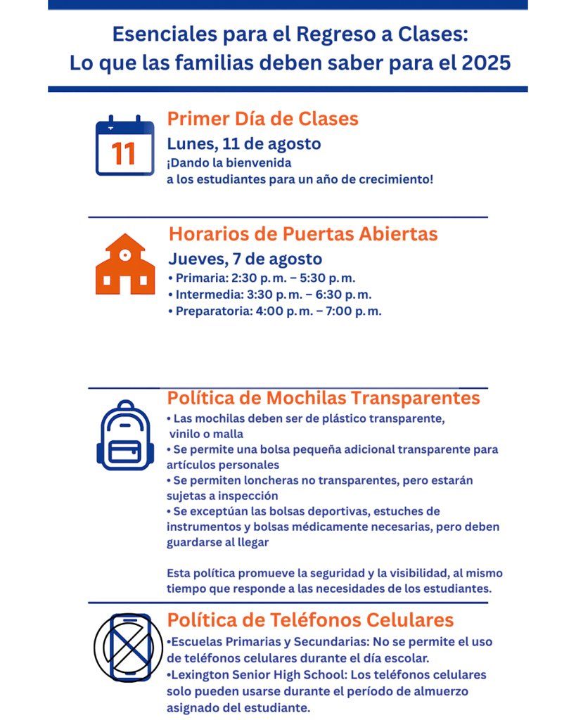 📘 Regreso a Clases 2025
🗓️ Primer día: lunes 11 de agosto
📍 Open House: jueves 7 de agosto
🎒 Mochilas transparentes requeridas
📵 Teléfonos:
Primaria/Secundaria – No permitidos
Preparatoria – Solo durante el almuerzo asignado
📄 Ver volante 🐝
